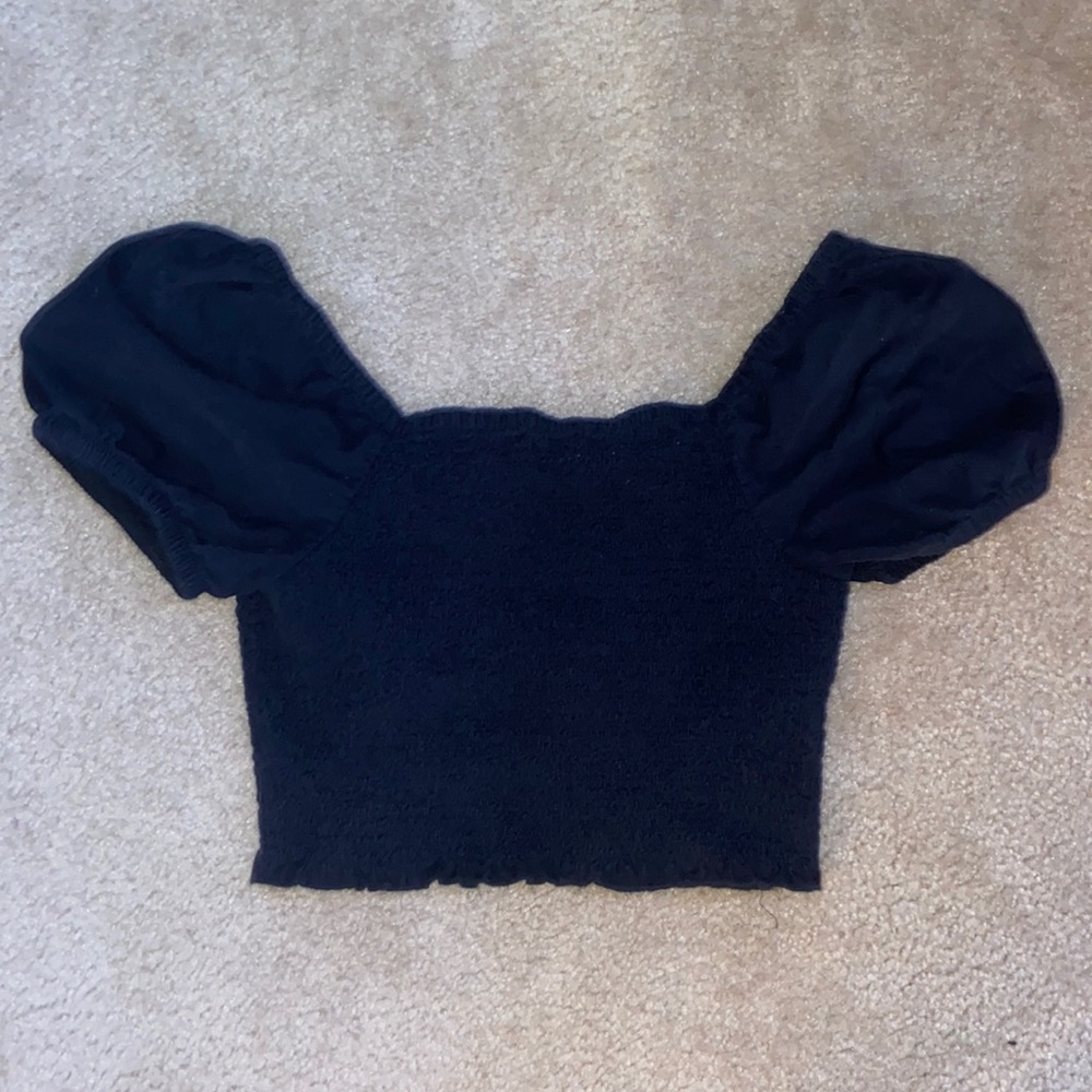 navy blue ruched american eagle puffed sleeve top